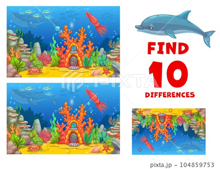 Find ten differences on underwater landscape with coral house. Kids vector board game with mermaid home, dolphin, whale, squid, starfish and crab on ocean bottom. Educational children riddle activity 104859753