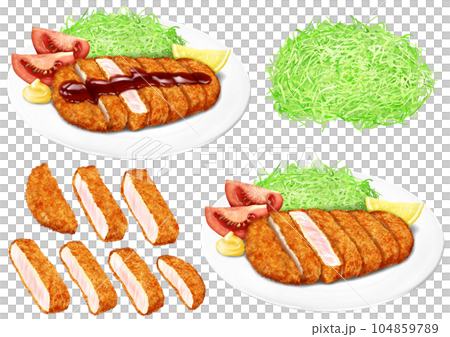 炸豬排 炸豬排 炸豬排 切碎的捲心菜 裝飾 炸豬排 炸豬排 炸豬排 切碎的捲心菜 裝飾 104859789