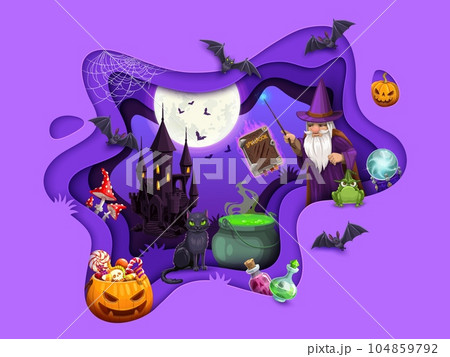 Halloween paper cut wizard or sorcerer cave with magic potion pot. Vector background with 3d effect wavy papercut frame. Cartoon wiz with spell book, pumpkin, trick or treat sweets, old night castle 104859792