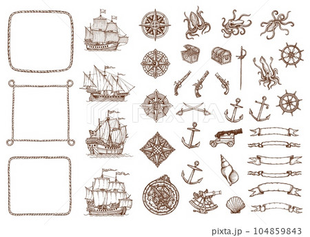 Old vintage sketch map vessel ships, antique compass and seashells, rope frames, octopuses and sabres, anchors and treasure chests. Vector helm, sextant, gun, cannon and ribbon banner hand drawn set Old vintage sketch map vessel ships, antique compass and seashells, rope frames, octopuses and sabres, anchors and treasure chests. Vector helm, sextant, gun, cannon and ribbon banner hand drawn set 104859843
