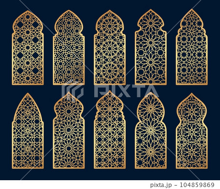 Arabian mosque window and gate patterns, golden arch arabesque ornament shapes. Old arabic door or window frames with gold geometric motif. Mashrabiya, islamic mosque or palace architecture elements 104859869
