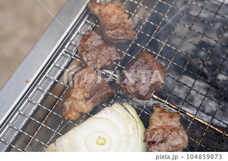 バーベキュー 牛カルビの炭火焼き アウトドアBBQ 104859873
