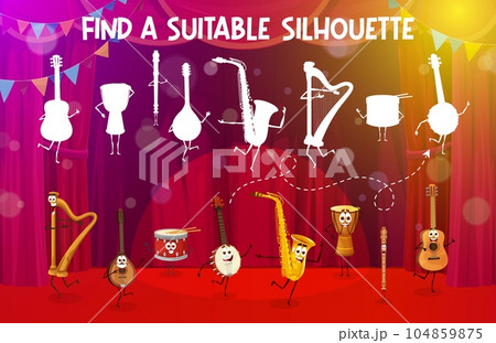 Find a suitable silhouette of cartoon musical instrument characters on the stage. Similarity search kids game vector worksheet with harp, mandolin, drum and banjo, saxophone, flute funny personages Find a suitable silhouette of cartoon musical instrument characters on the stage. Similarity search kids game vector worksheet with harp, mandolin, drum and banjo, saxophone, flute funny personages 104859875