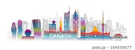Travel architecture silhouette in Canada with colorful halftone style. Travel architecture silhouette in Canada with colorful halftone style. 104859877