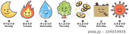 子供向けの曜日のイラスト（漢字・ひらがな・英語つき） 104859956