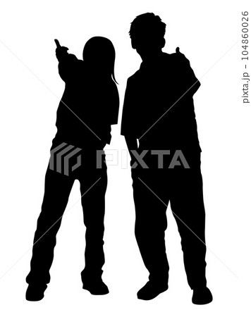親指を立ててポーズを取る若い男女2人のシルエット 104860026
