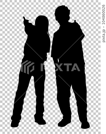 親指を立ててポーズを取る若い男女2人のシルエット 104860026