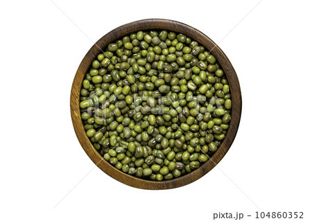 Top view of raw green mung beans in wooden bowl 104860352