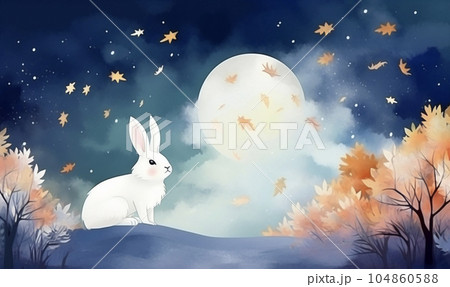 お月見に満月の夜空を見上げるウサギ　AI画像 104860588