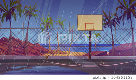 Rain on street basketball court near sea beach Rain on street basketball court near sea beach 104861155