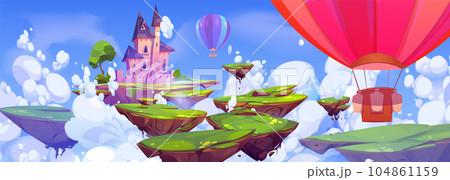 Hot air balloon, palace on floating rock island 104861159