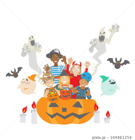 ハロウィンの仮装をした子供たちのベクターイラスト 104861258