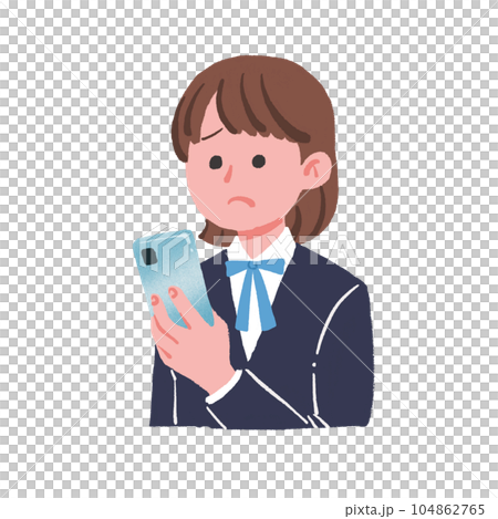 一名女學生一臉困惑地看著智能手機 104862765