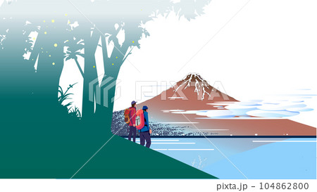 山道から富士を見る夏山ハイカーのいる風景 104862800