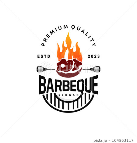 Barbeque Logo, Hot Grill Design With Fire And Spatula, Vector BBQ Grill Vintage Tripography, Retro Rustic Logo For Cafe, Restaurant, Bar 104863117