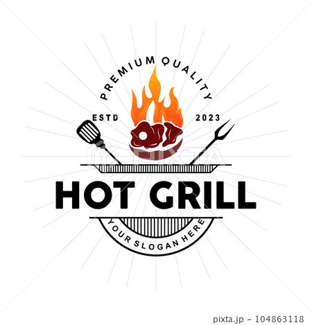Barbeque Logo, Hot Grill Design With Fire And Spatula, Vector BBQ Grill Vintage Tripography, Retro Rustic Logo For Cafe, Restaurant, Bar 104863118