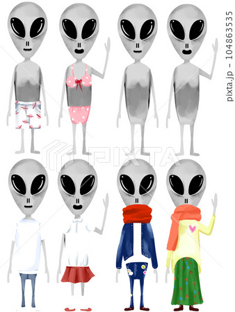 オシャレな宇宙人イラストセット オシャレな宇宙人イラストセット 104863535