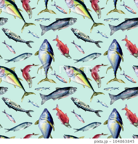 Various sea fishes seamless pattern watercolor illustration isolated on blue. Wild fish, tuna, salmon, herring, anchovy hand drawn. Design element for textile, packaging, paper, wrapping, background 104863845