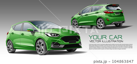 City car 5 doors green metallic front and back 3D design modern vector 104863847