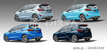 City car 5 doors blue metallic collection back view 3D design modern vector 104863849