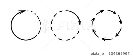 Round doodle arrows. Hand drawn circle arrow icons set. Recycle sketch signs. Repeat graphic line symbols. Vector doodle illustration isolated on white background 104863997
