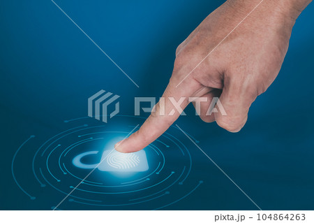 Man use fingerprint to scanning and biometric authentication, processing access personal data. 104864263