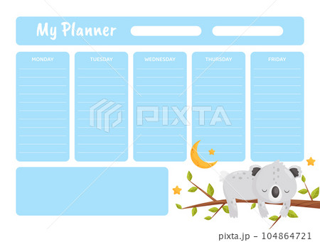 Planner with Cute Koala Sleeping on Tree Branch Having Bedtime Vector Template 104864721