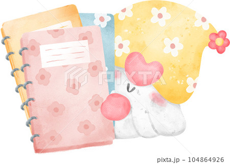 Cheerful Gnome Reading a Book in a Vibrant Watercolor cartoon character hand drawing illustration Cheerful Gnome Reading a Book in a Vibrant Watercolor cartoon character hand drawing illustration 104864926