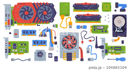 Personal Computer Accessories and Components for Repair Vector Set 104865104