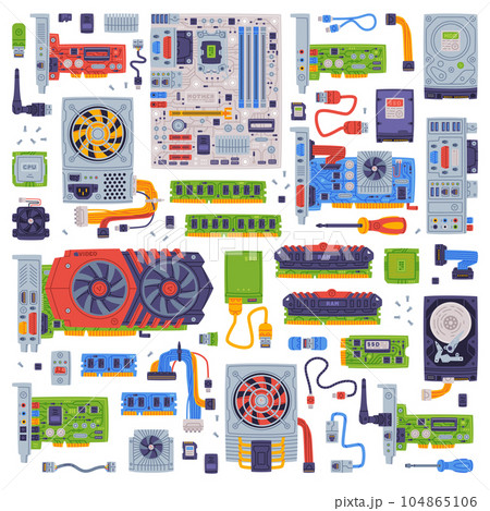Personal Computer Accessories and Components for Repair Vector Set 104865106