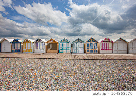 Colorful beach huts in Cayeux, Normandy, France 104865370