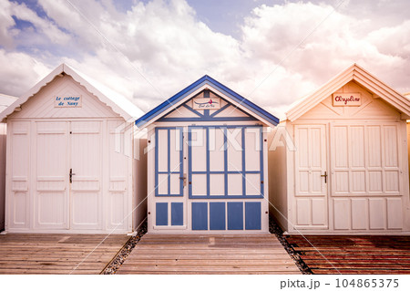 Colorful beach huts in Cayeux, Normandy, France Colorful beach huts in Cayeux, Normandy, France 104865375