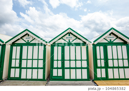 Colorful beach huts in Cayeux, Normandy, France Colorful beach huts in Cayeux, Normandy, France 104865382