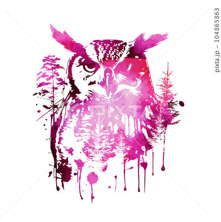 pink graphic portrait of an owl in the forest. Abstraction trees and owl. Print for t-shirt or tattoo, graffiti style. Protection of the forest and nature. Vector illustration 104865863