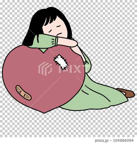 Sad woman sits on floor, hugging a heart with bandages 104866094