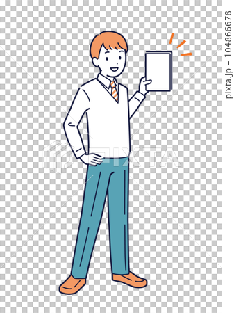 笑顔で本を紹介する男子学生＿全身 104866678