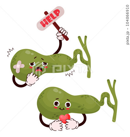 Cute cartoon character gallbladder. Human organ with different emotions. Happy and sad, cries and asks for help. Vector illustration. Concept health and disease, pain 104866910