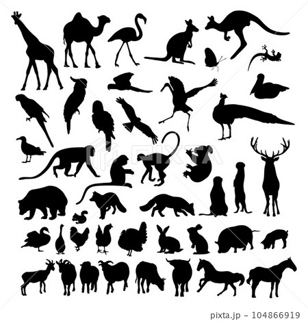 Big collection silhouettes animals and birds. Vector illustration. Isolated hand drawings on white background for design 104866919
