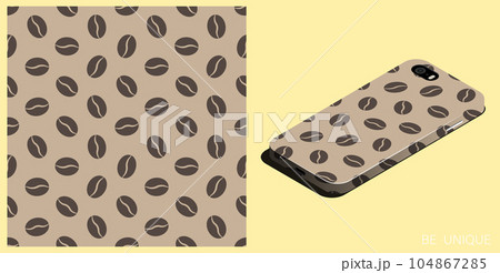 Modern smartphone in unique case decorated Grain of coffee bean plant seamless pattern. Morning drink for great mood. Isometric top view. Vector ornament for design of posters and accessory 104867285
