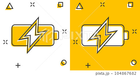Battery icon in comic style. Accumulator cartoon vector illustration on white isolated background. Energy charger splash effect business concept. Battery icon in comic style. Accumulator cartoon vector illustration on white isolated background. Energy charger splash effect business concept. 104867682