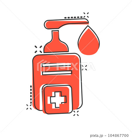 Hand sanitizer icon in comic style. Antiseptic bottle cartoon vector illustration on isolated background. Disinfect gel splash effect sign business concept. 104867700