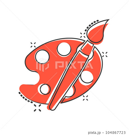 Artist's palette in comic style. Painter's tools cartoon vector illustration on isolated background. Drawing equipment splash effect sign business concept. Artist's palette in comic style. Painter's tools cartoon vector illustration on isolated background. Drawing equipment splash effect sign business concept. 104867723