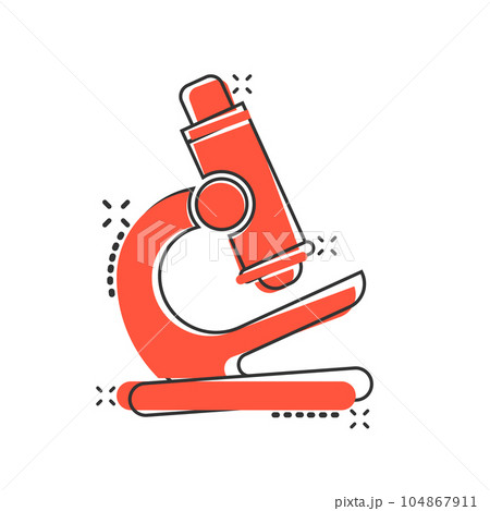Microscope icon in comic style. Laboratory magnifier cartoon vector illustration on isolated background. Biology instrument splash effect sign business concept. 104867911