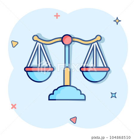 Scales icon in comic style. Libra cartoon vector illustration on isolated background. Mass comparison splash effect sign business concept. 104868510