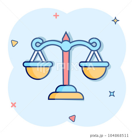 Scales icon in comic style. Libra cartoon vector illustration on isolated background. Mass comparison splash effect sign business concept. 104868511