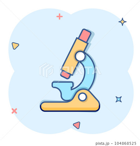 Microscope icon in comic style. Laboratory magnifier cartoon vector illustration on isolated background. Biology instrument splash effect sign business concept. 104868525
