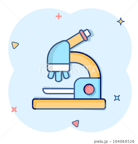 Microscope icon in comic style. Laboratory magnifier cartoon vector illustration on isolated background. Biology instrument splash effect sign business concept. 104868526