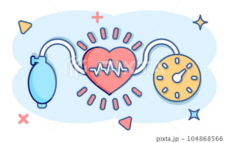Arterial blood pressure icon in comic style. Heartbeat monitor cartoon vector illustration on isolated background. Pulse diagnosis splash effect sign business concept. Arterial blood pressure icon in comic style. Heartbeat monitor cartoon vector illustration on isolated background. Pulse diagnosis splash effect sign business concept. 104868566