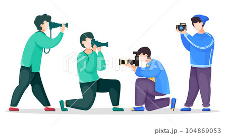 Set of vector cartoon characters, photographers with reflex camera, digital camera, photocamera 104869053