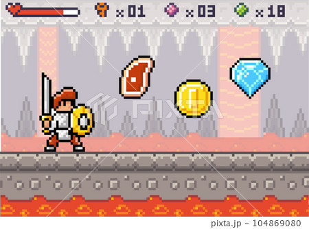 Knight wearing armor in underground cave with magma standing near meat, coin, diamond bonuses Knight wearing armor in underground cave with magma standing near meat, coin, diamond bonuses 104869080